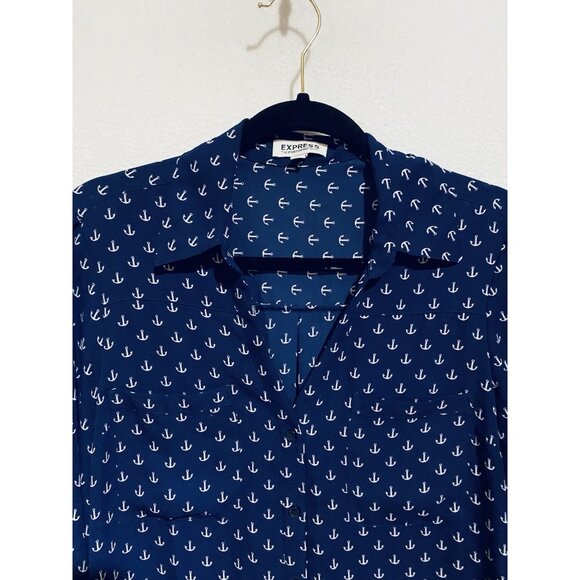 Express Top Womens Medium Navy Blue Anchor Print Portofino Nautical Flowy Boho - Picture 3 of 8
